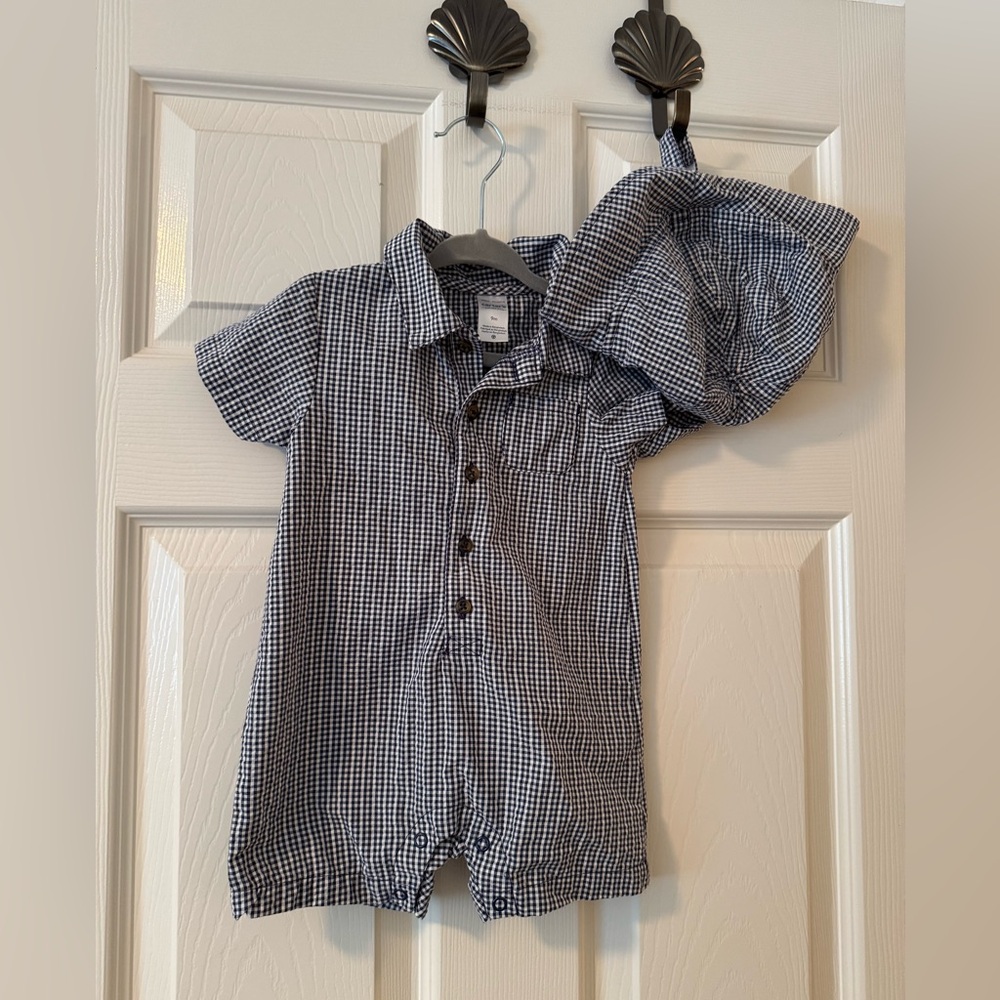 Carter's Navy and White Seersucker Romper & hat, 9-12mos, worn once
